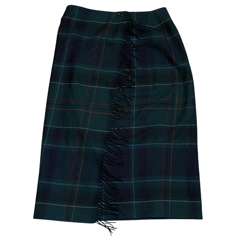 Talbots Womens Green Plaid Wool Fringe Wrap Midi Skirt