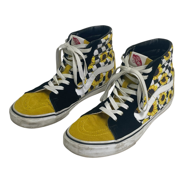 Vans Black White Checkered Yellow Sunflower High Top Custom Skateboard Shoes