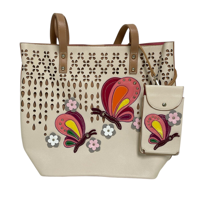 Sharif Perforated Collage Butterfly Shopper Tote Purse w/ Wristlet