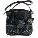 American West Black Leather Tooled Studded Accent Crossbody Purse Shoulder Bag