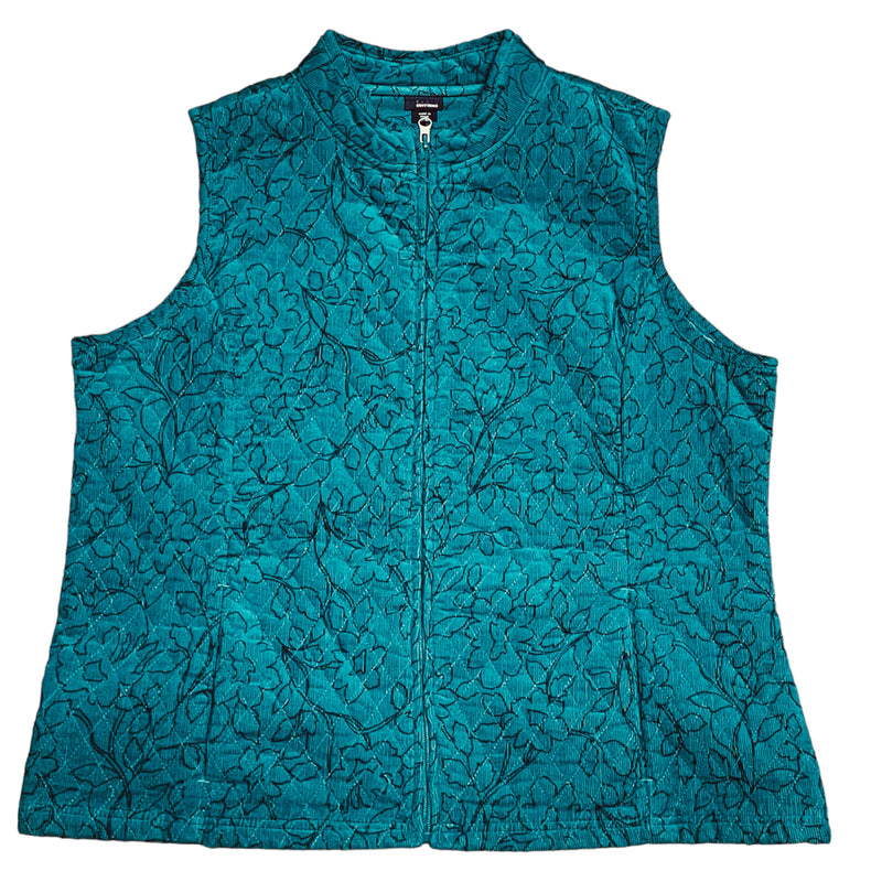 Basic Editions Womens Blue Floral Flowers Full Zip Quilted Corduroy Vest