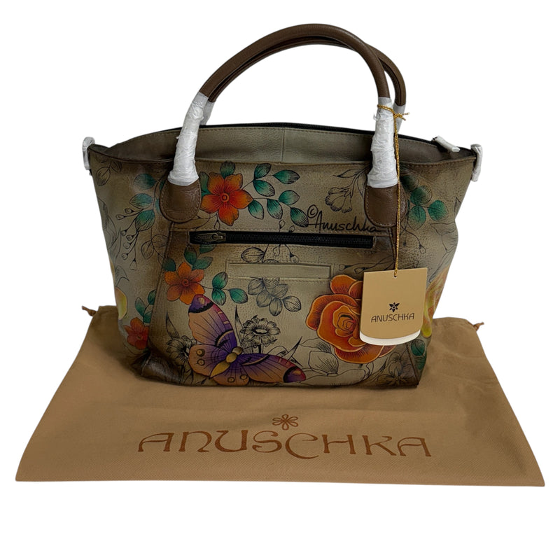Anuschka Hand Painted Butterfly Flowers Floral Paradise Tan Leather Purse Shoulder Tote Bag