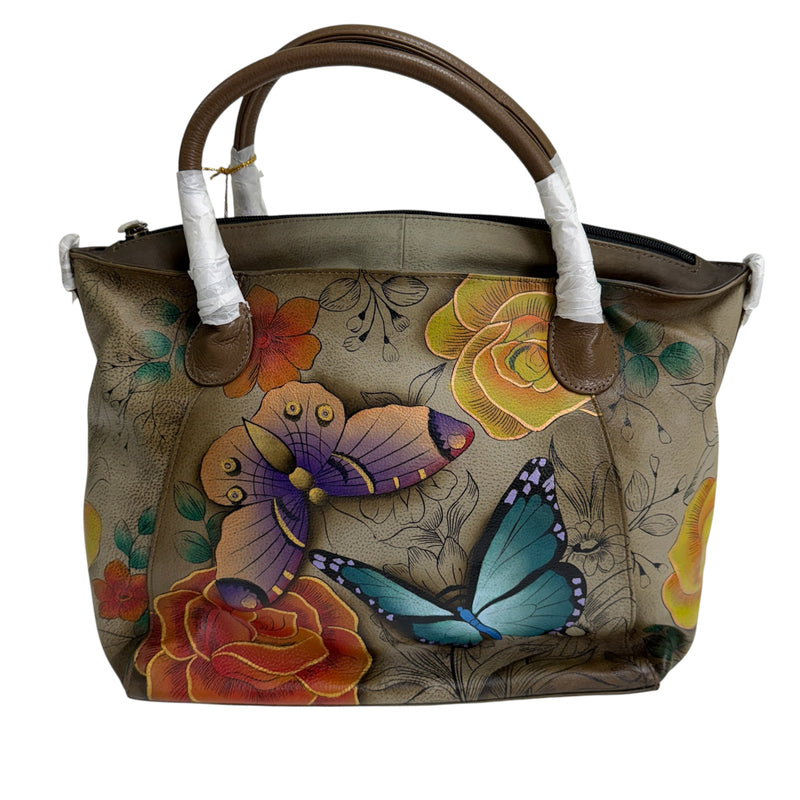 Anuschka Hand Painted Butterfly Flowers Floral Paradise Tan Leather Purse Shoulder Tote Bag