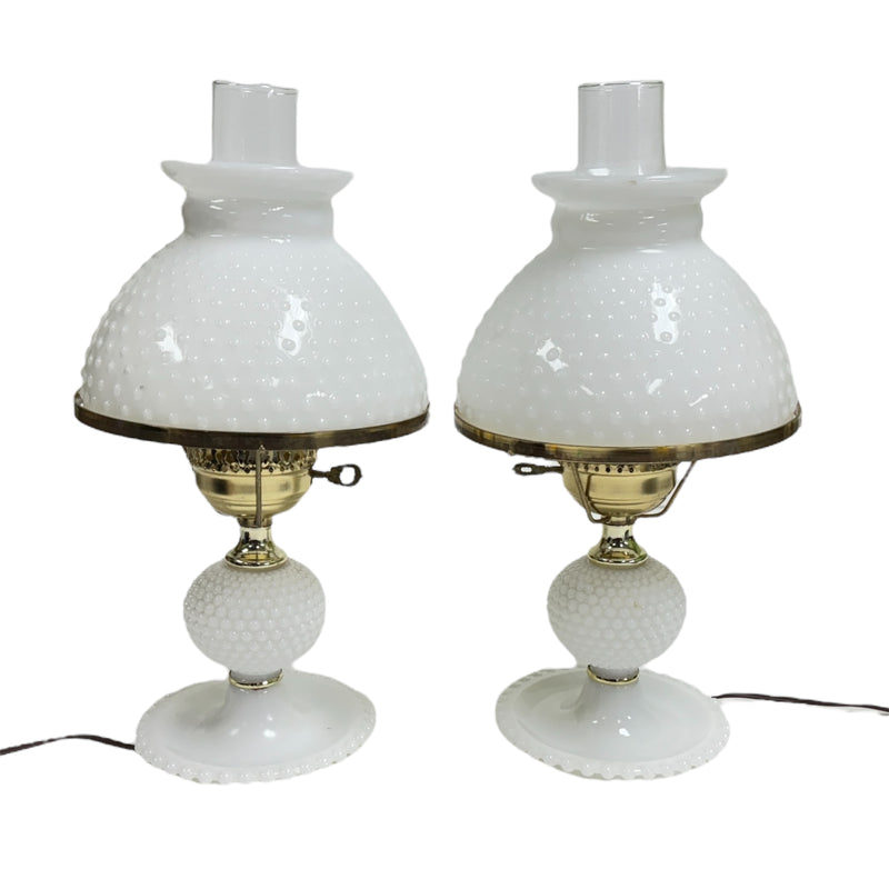 (2) Hobnail White Milk Glass 16.5" Hurricane Desk Table Lamps