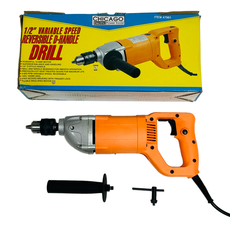 Chicago Electric 1/2" Variable Speed Reversible D-Handle Power Tool Drill 47991