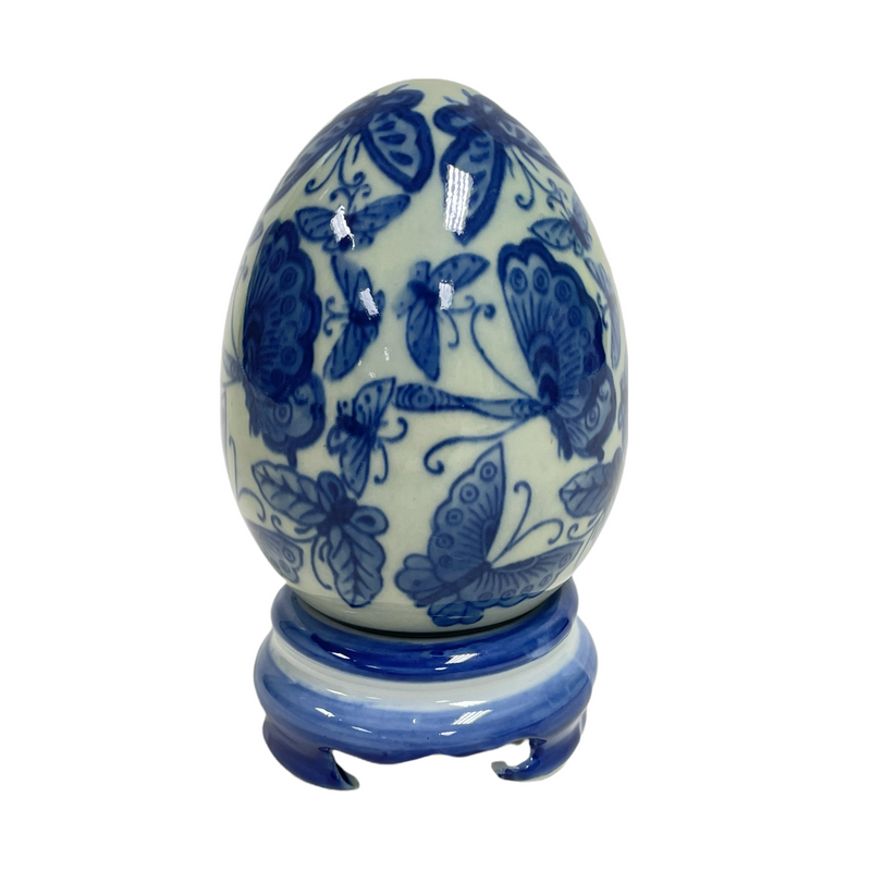 Blue & White Butterfly Ceramic Egg Figurine w/ Stand