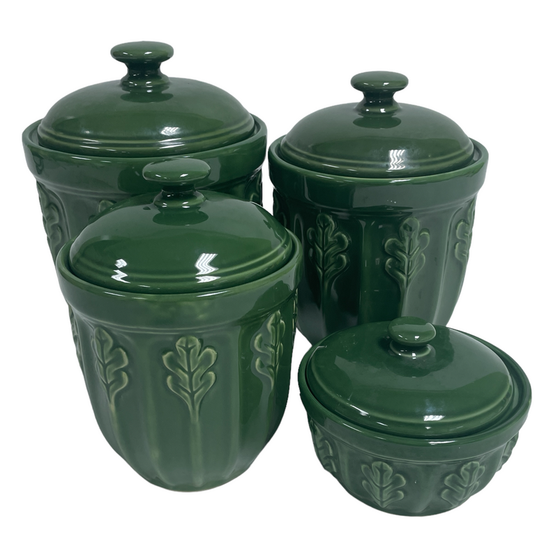 (4) Furio Oak Leaf Green Ceramic Flour Sugar Cookie Canister Jars Set