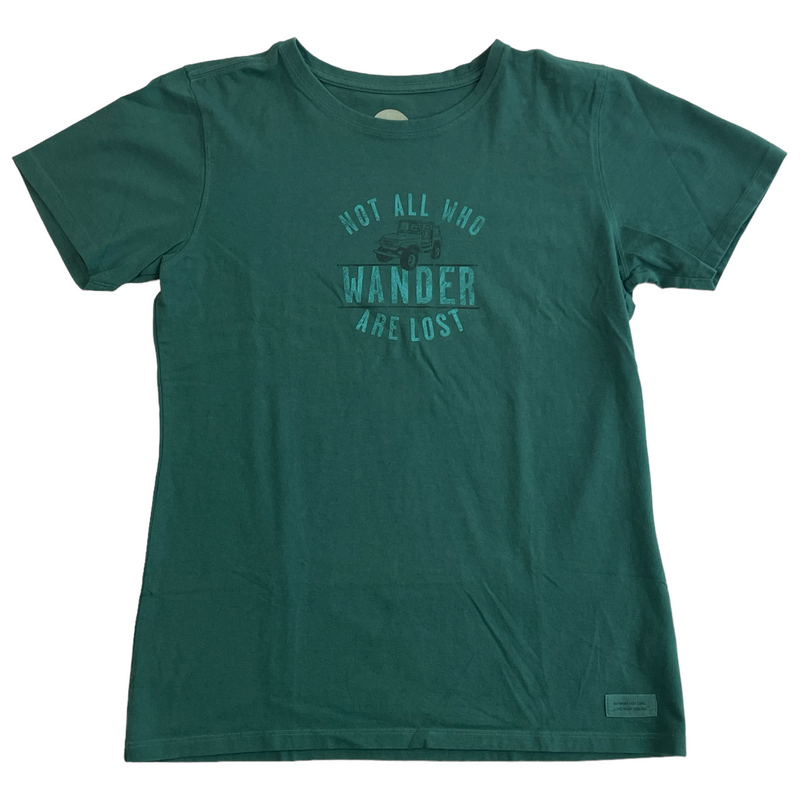 Life Is Good Not All Who Wander Are Lost Jeep Womens Green Short Sleeve T-Shirt