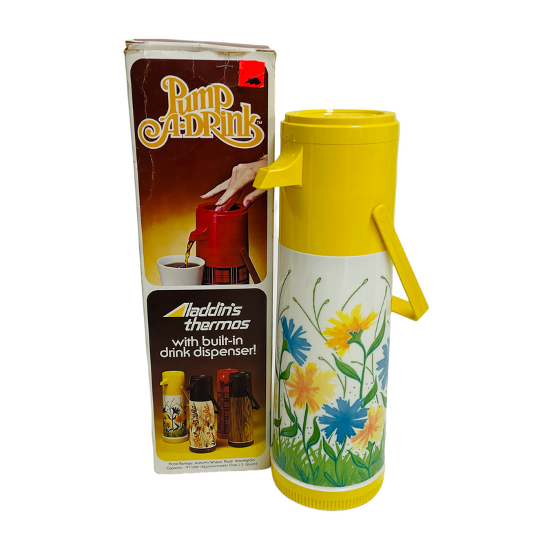 Aladdin's Pump A Drink Floral Fantasy Yellow Blue Flowers 1 Qt Thermos