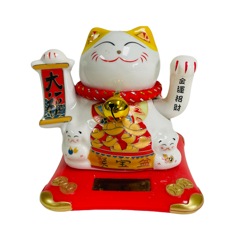 Solar Powered Maneki Neko Lucky Beckoning Waving Hands Fortune Cat Decor