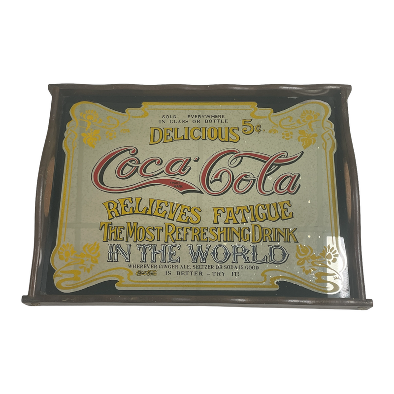Coca-Cola Coke Vintage 5 Cent Relieves Fatigue 16"x12" Wooden Mirror Tray