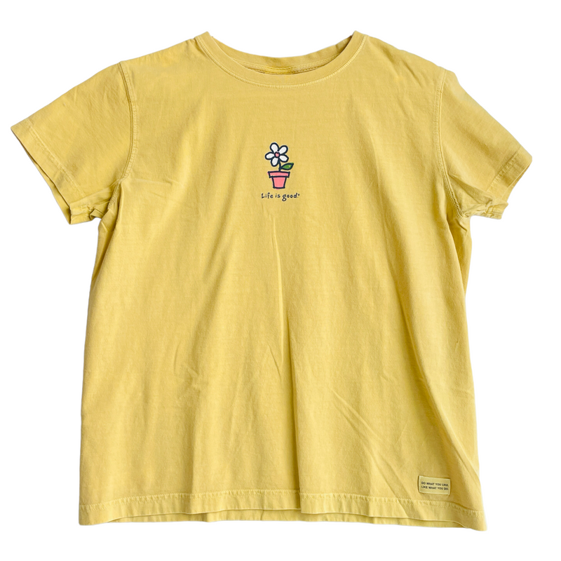 Life Is Good Flower Pot Womens Yellow Short Sleeve T-Shirt