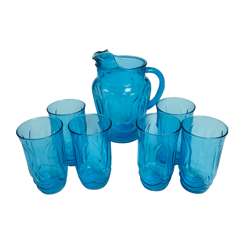 Anchor Hocking Colonial Tulip Laser Ice Blue Glass (6) 16 oz Tumblers & 80 oz Pitcher Set