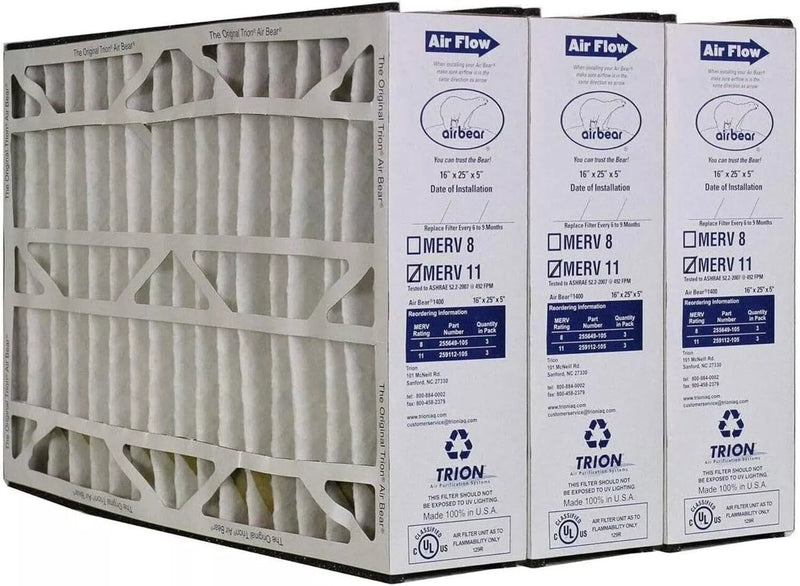 Trion Air Bear 16x25x5 Pleated Merv 11 Furnace Air Filters 259112-105 (3 Pack)