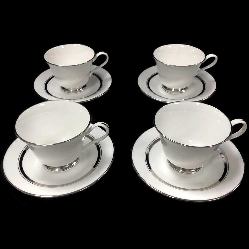 (4) Oxford Lexington Bone China White Platinum Trim Coffee Mug Tea Cup Saucer Plate Set