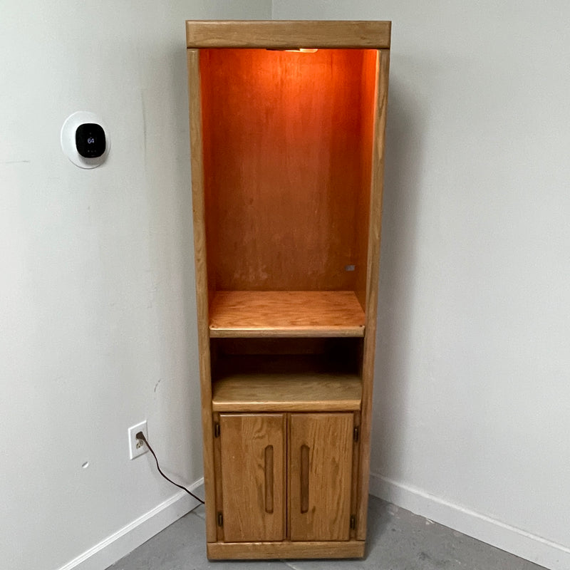 73" Light Oak Wood Illuminated Rolling Shelf Storage Unit Cabinet