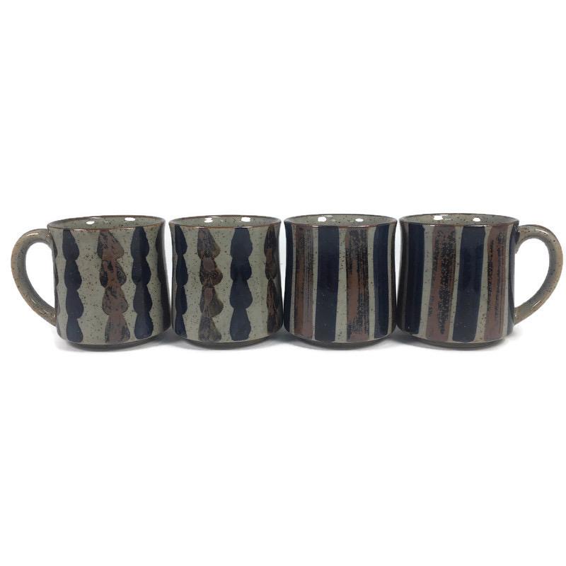 (4) Striped Blue Brown Grey Ceramic 3.5" Coffee Mugs 483