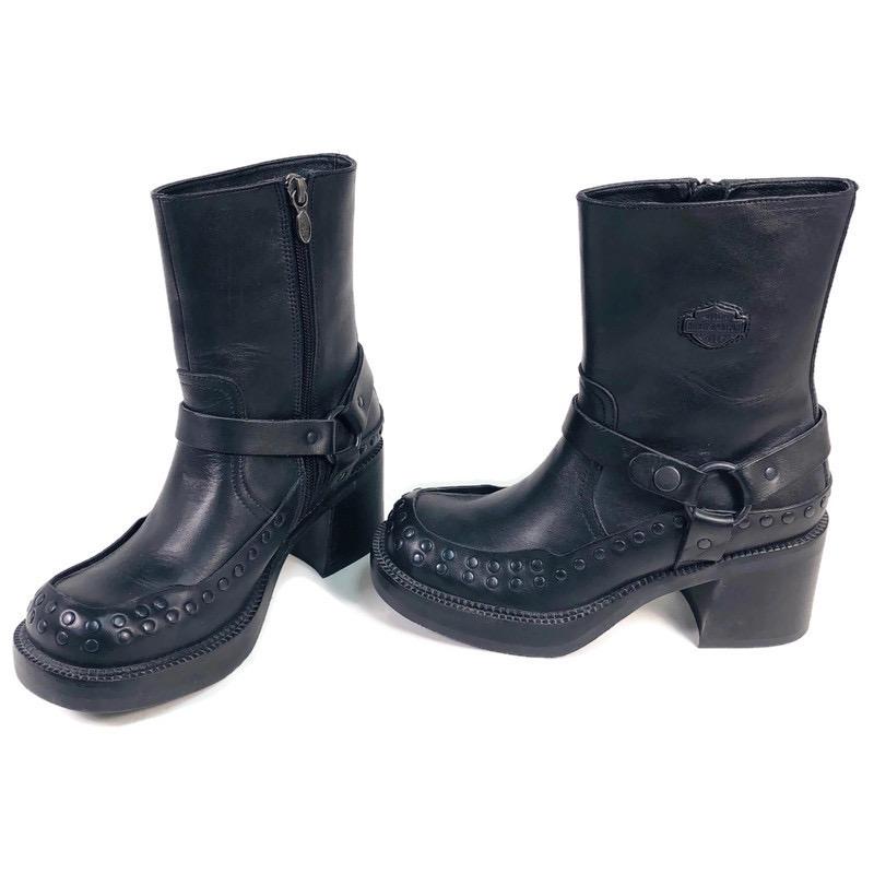 Harley Davidson Womens Black Leather Biker Shoe Boot Heels 81306