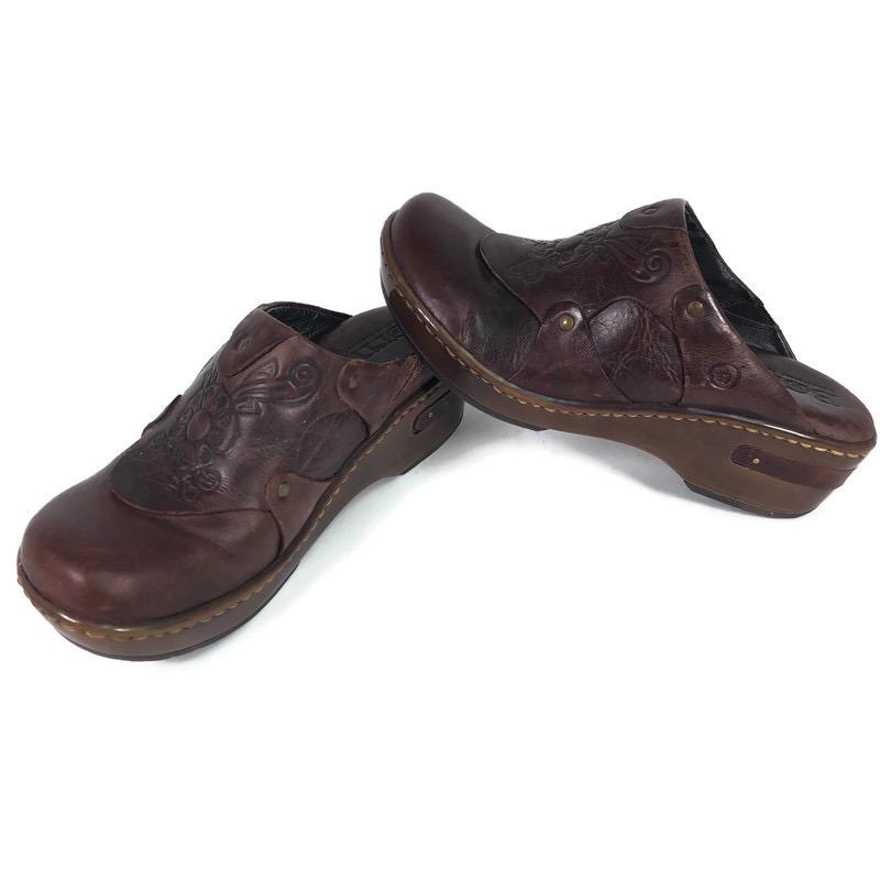 Born Womens Embossed Floral Brown Leather Slip On Mule Clog Shoes W82055