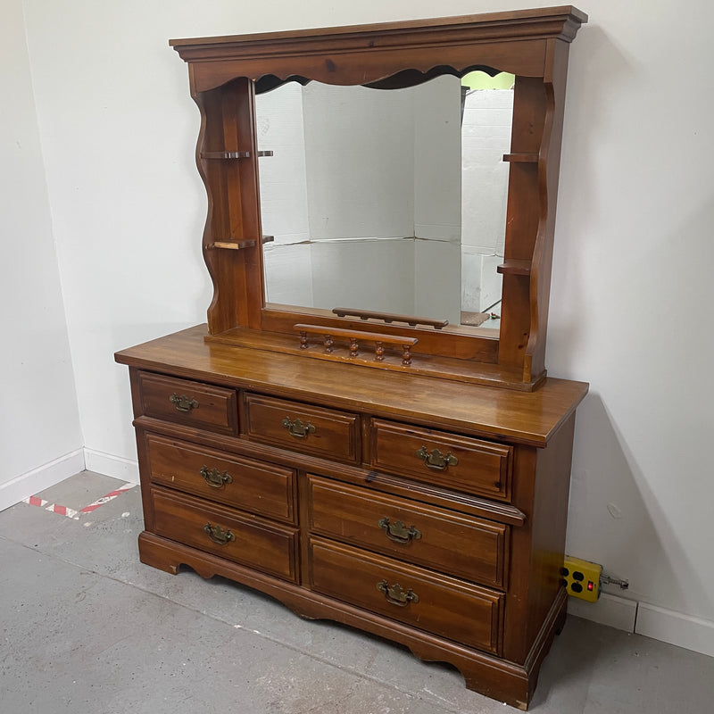 7 Drawer Replicated Oak Wood Long Dresser & Mirror