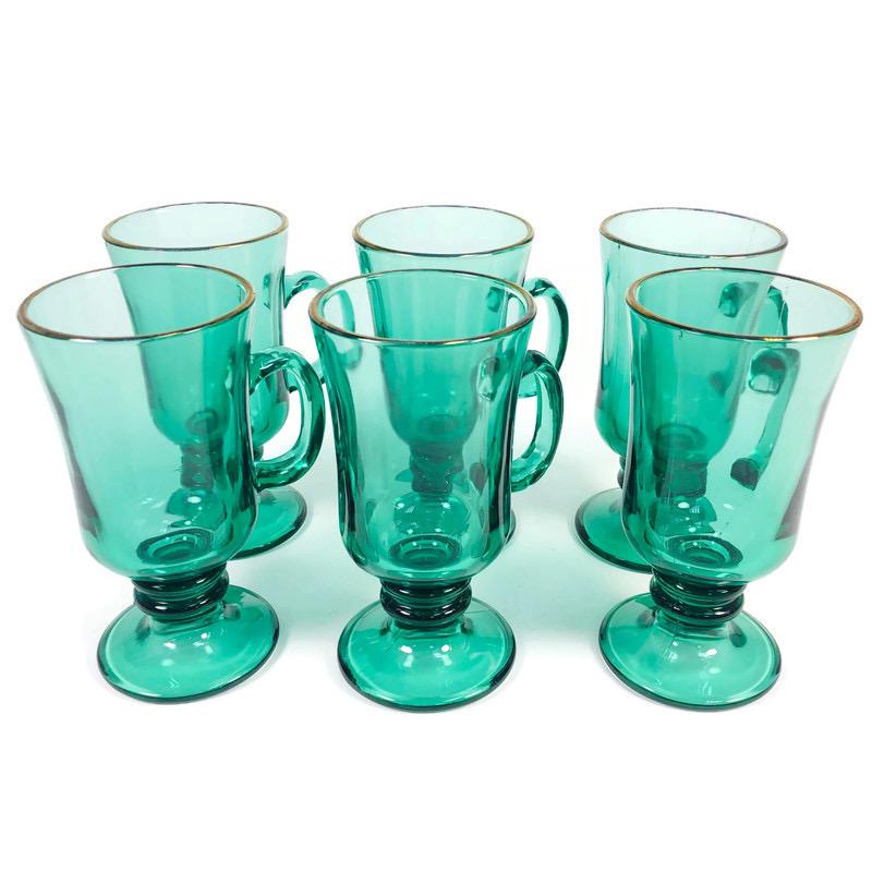 (6) Libbey Emerald Green Gold Rim Glass Coffee Cup Mug Set