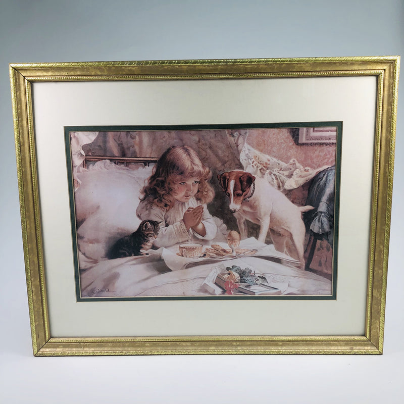 Charles Burton Barber 1894 22x16" "Suspense" Praying Girl Dog Cat Framed Picture Print
