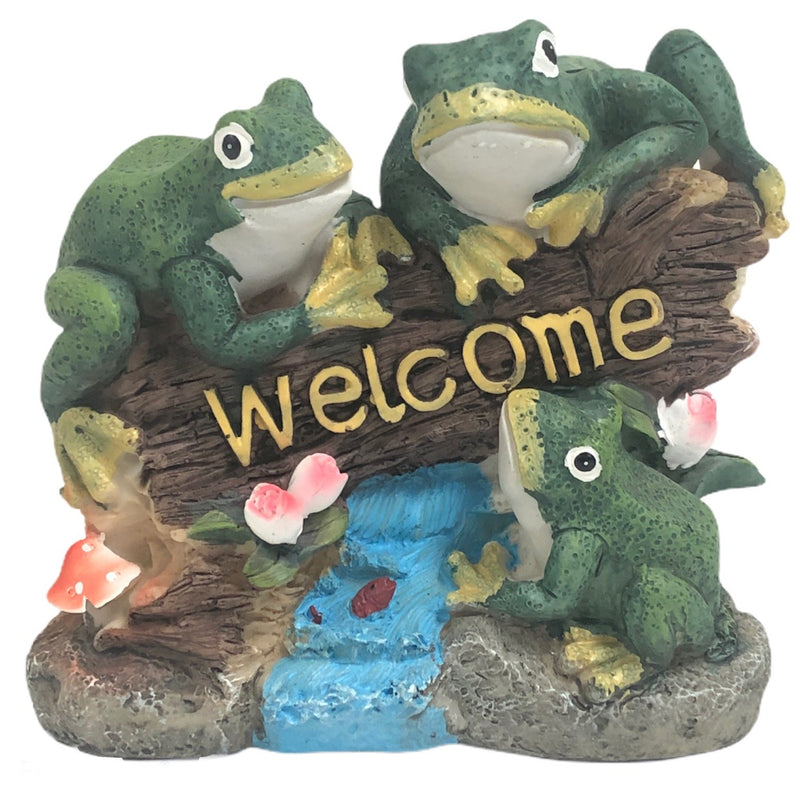 Frogs On A Log Resin 6" Welcome Sign Garden Statue
