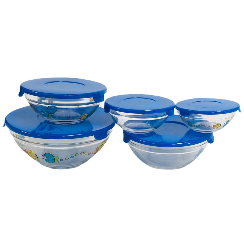 (5) Imperial Durable Heat Resistant Butterfly Glass Bowls w/ Blue Lids Set