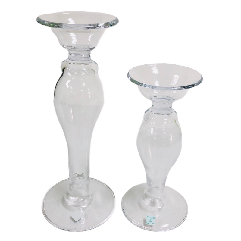 (2) PartyLite Clear Glass 12" & 9.25" Candle Holders