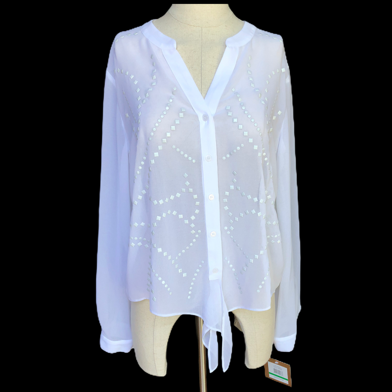Ellen Tracy Womens Sheer Long Sleeve Button Down Jeweled Blouse