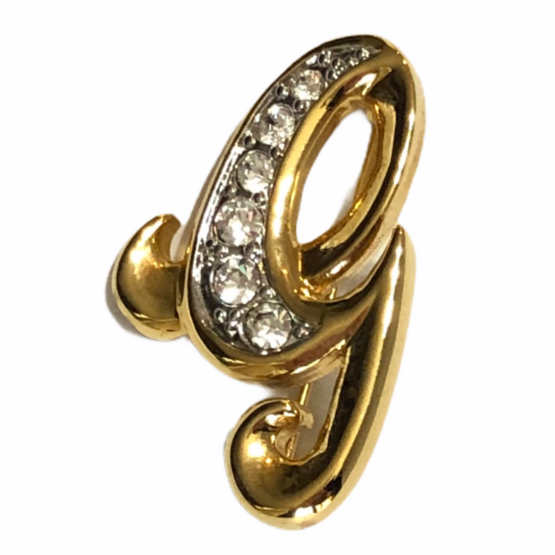 Gold Plated Vintage Rhinestone Initial Letter G Brooch Pin