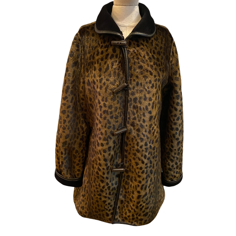 Dennis Basso Womens Animal Print Faux Fur Faux Suede Reversible Coat