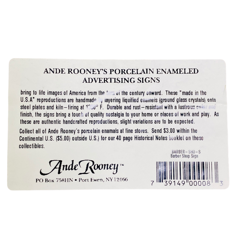 Ande Rooneys Porcelain Enameled Barber Shop Advertising 18"x9" Sign