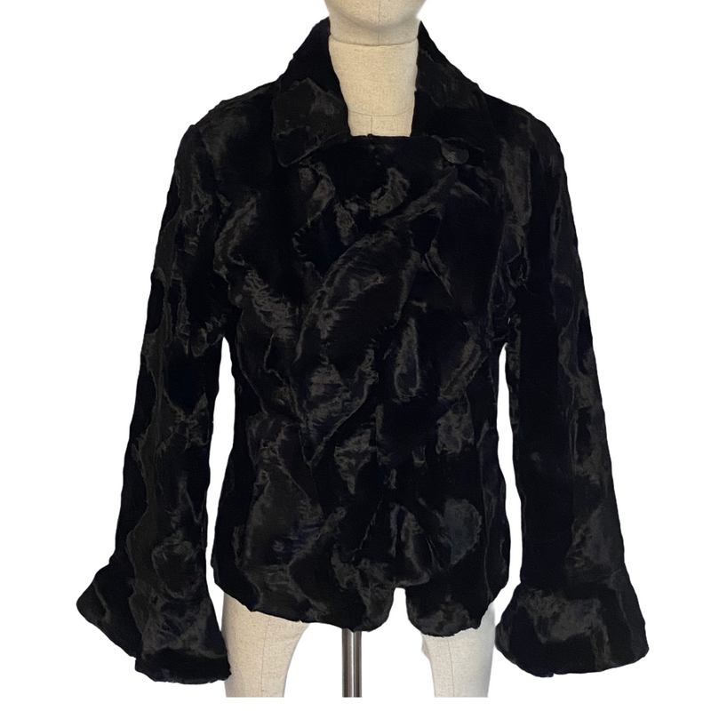 Pamela McCoy Womens Black Faux Fur Ruffle Front Flare Sleeves Coat