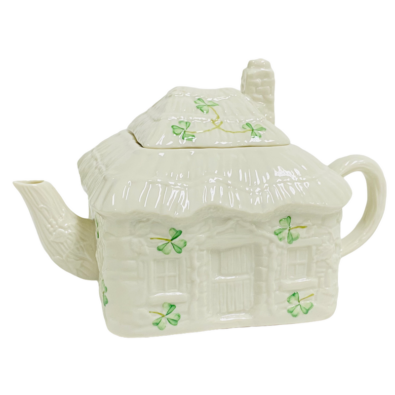 Belleek White Green Shamrock Irish Cottage House Teapot w/ Lid