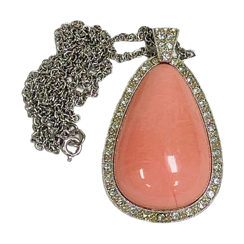 Avon Lucite Pink Tear Drop Cabachon Rhinestone Silver Necklace