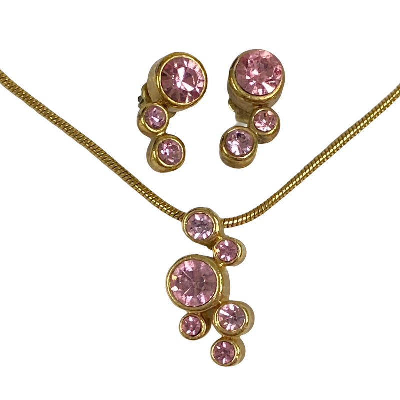 Avon Pink Rhinestones Vintage Matching Earrings & Necklace Set
