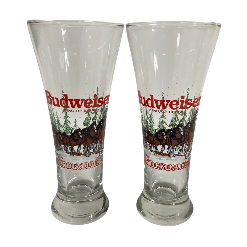 (2) Budweiser Clydesdales 1989 Holiday 12 oz Beer Pilsner Glasses