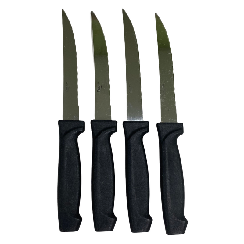 (4) Pfaltzgraff Everyday Black Handle Stainless Steel Serrated Steak Knife Knives