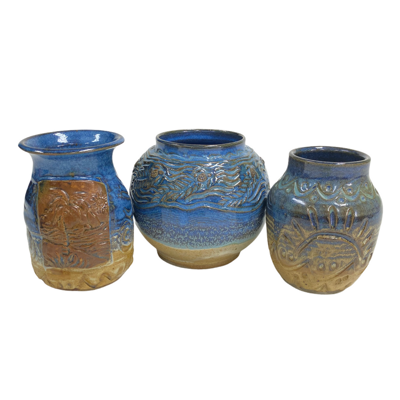 (3) Jason Stokes Holley Hill 1996 97' 98' Blue Ocean Ceramic Pottery Vases