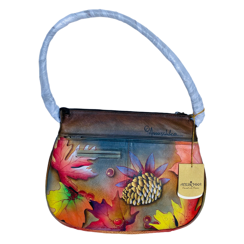 Anuschka Large Fall Leaves Pinecones Hand Painted Leather Tote Handbag