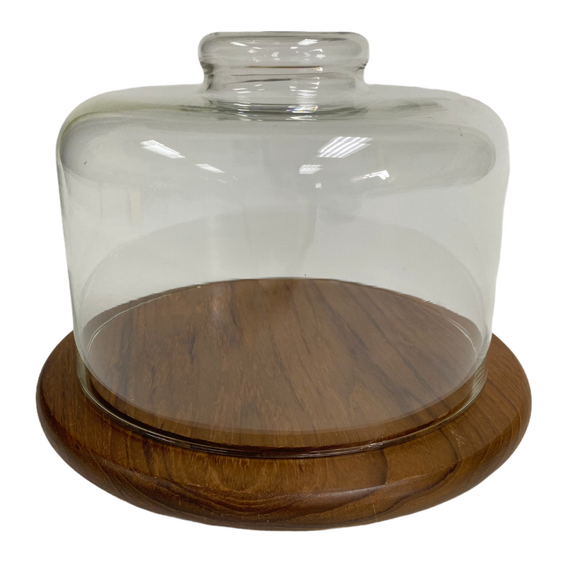 Dolphin Teakwood Tray 7-3/4" Round Glass Dome Cake Cheese Food Server