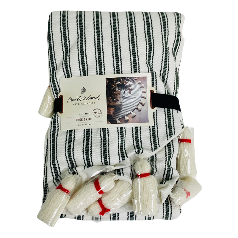 Hearth & Hand Magnolia Tassel Trim 52" Green White Striped Christmas Tree Skirt