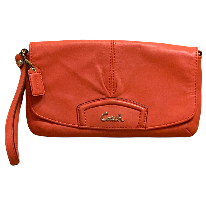 Coach Ashley Orange Pleated Leather Snap Zip 9" X 5" Wallet Clutch Wristlet