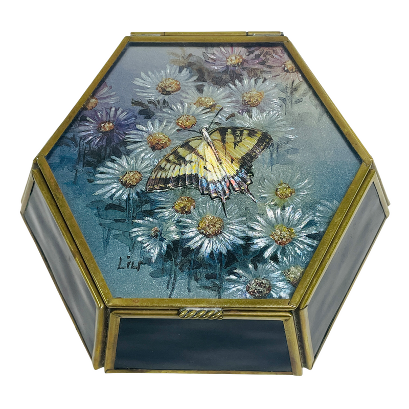 Enesco Arvenco Butterfly Daisy Flowers Vintage Brass Glass Trinket Box
