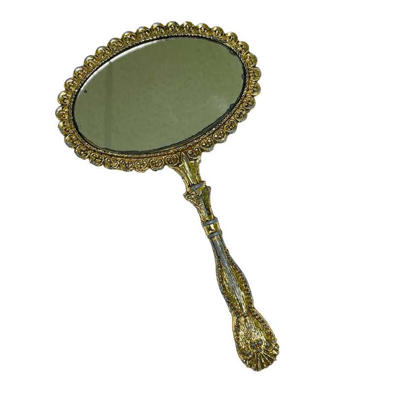 9.25" Vintage Brass Metal Double Sided Hand Vanity Mirror