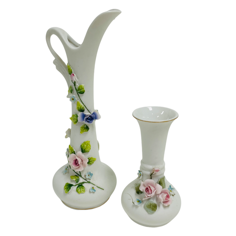 Lefton China Hand Painted Applied Flowers 7" Pitcher Vase & 4" Vase Set