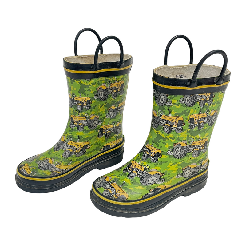 Western Chief Green Camo Yellow Tractors Youth Kids Waterproof Rubber Rain Boots