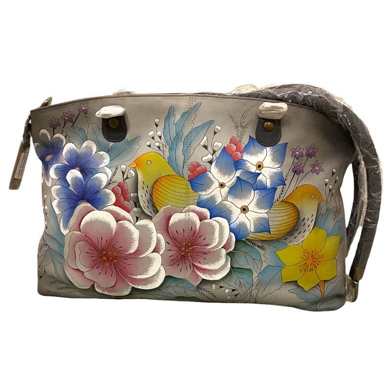 Anuschka Extra Large Spring Flowers Birds Hand Painted Leather Tote Handbag