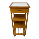 30" White Tile Top Wood Trim Rolling Kitchen Side Table Cart w/ Drawer